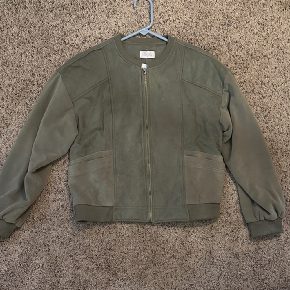 Pink Lily Olive Suede Bomber Jacket